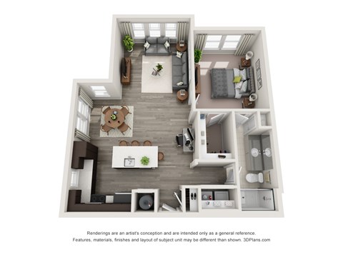 A 3D floor plan of a house with a kitchen, living room, and two bedrooms.